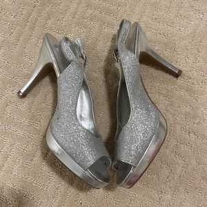 Silver glitter peep-toe heels